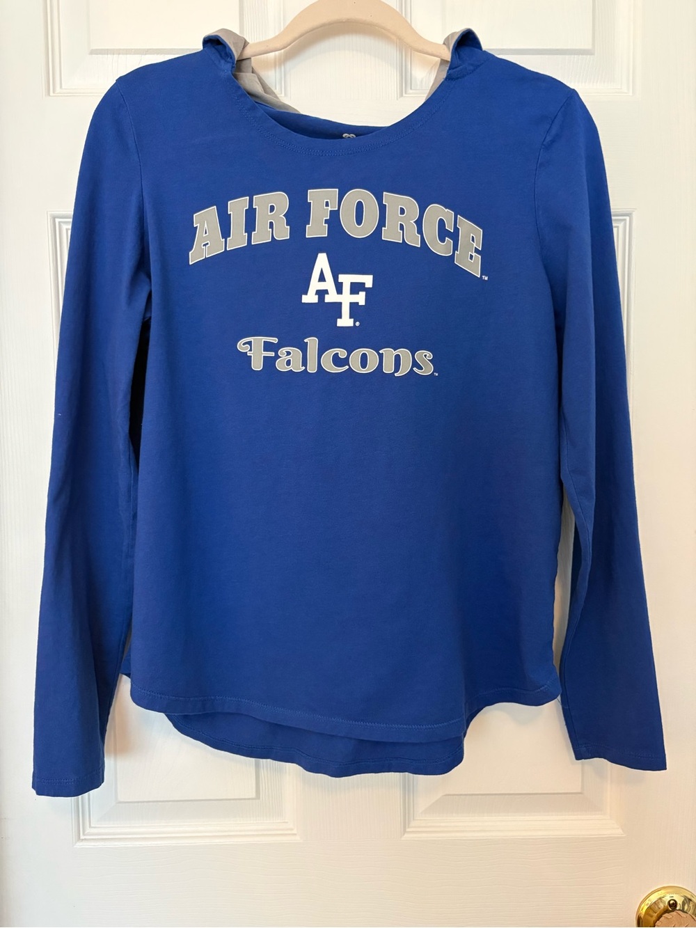AIR FORCE ACADEMY LONG SLEEVE PULLOVER  EMBELLISHED HOOD WOMENS M BLUE & SILVER